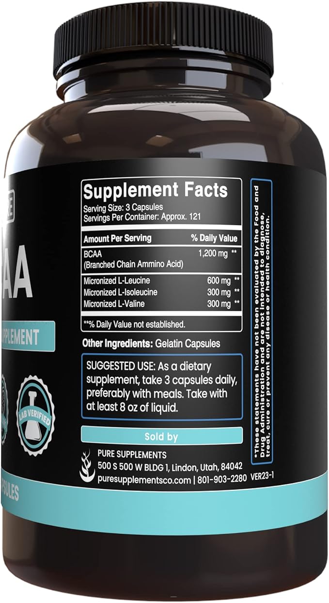 Pure Original Ingredients L-Glutamine &amp BCAA Capsule Bundle (365 Capsules Each) No Magnesium or Rice Fillers