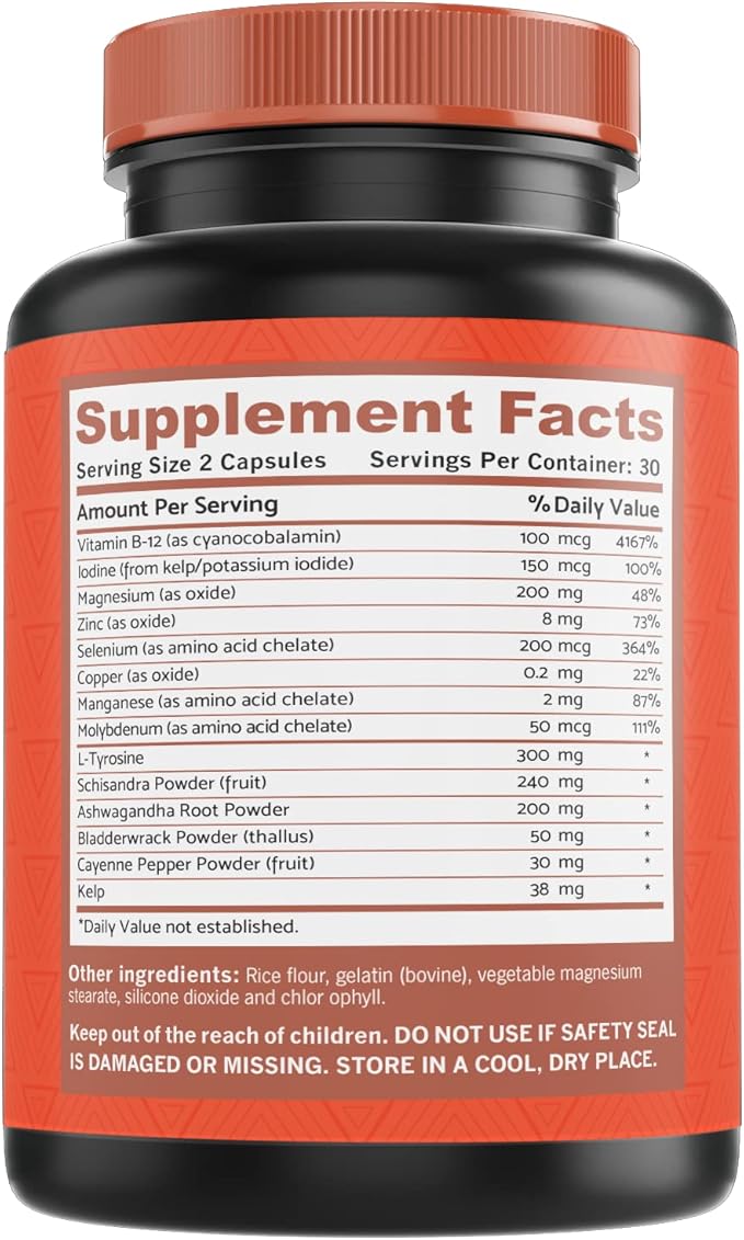 Thyroid Support for Women and Iodine Supplement ǀ Enhanced Absorption Thyroid Complex for Energy Metabolism Focus Formula Relaxation with Ashwagandha L-Tyrosine and Adaptogens Non-GMO