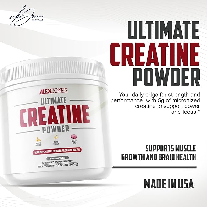 Ultimate Creatine Powder by Alex Jones – Micronized Creatine Monohydrate 5g Per Scoop Unflavored – Supports Strength &amp Daily Energy – 300g (60 Servings)