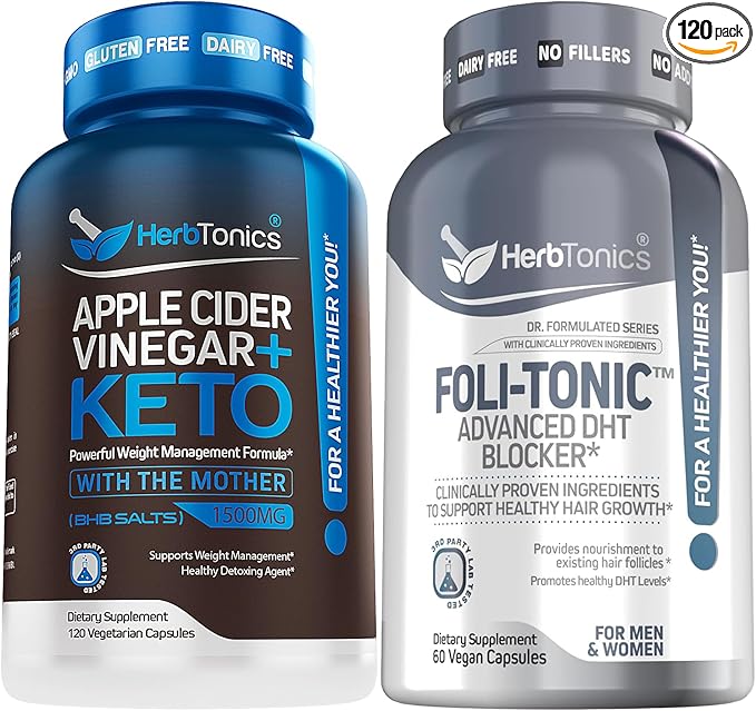 Herbtonics Apple Cider Vinegar Capsules Plus Keto BHB | Fat Burner &amp Weight Loss Supplement for Women &amp Men - Foli-Tonic DHT Blocker &amp Hair Loss Supplement | Hair Thinning Treatment