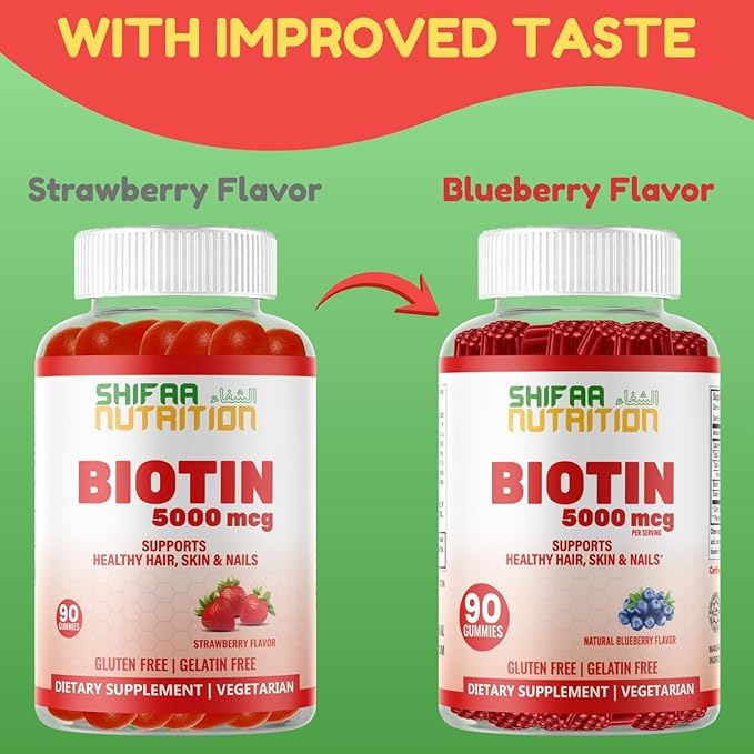SHIFAA NUTRITION Vegan Biotin Gummies for Adult &amp Kids | 90 Gummies | 5000 mcg 45 Servings | Non-GMO | Gluten Gelatin Peanuts Egg &amp Dairy Free | Biotin Gummy Vitamins for Hair Skin &amp N