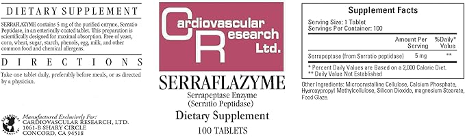 Cardiovascular Resarch Serraflazyme Serrapeptase Enzymes 200 Stay Fresh Enteric Coated 5 mg Tablets (100 x 2 Packs)