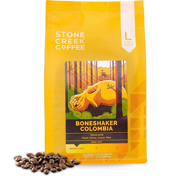 Stone Creek Coffee Light Roast Whole Bean Coffee – 12 Ounce (Pack of 1) – Smooth Specialty Fresh Roasted Coffee Beans with Juicy and Citrus Tasting Notes Boneshaker Colombia