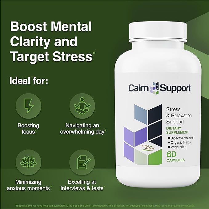 CalmSupport: Stress &amp Relaxation Support - Ashwagandha Passion Flower Valerian Root Ginger GABA Velvet Bean Motherwort Oat Seed L-Theanine L-Tryptophan Folate CB1B6B12Zinc - 60 Caps
