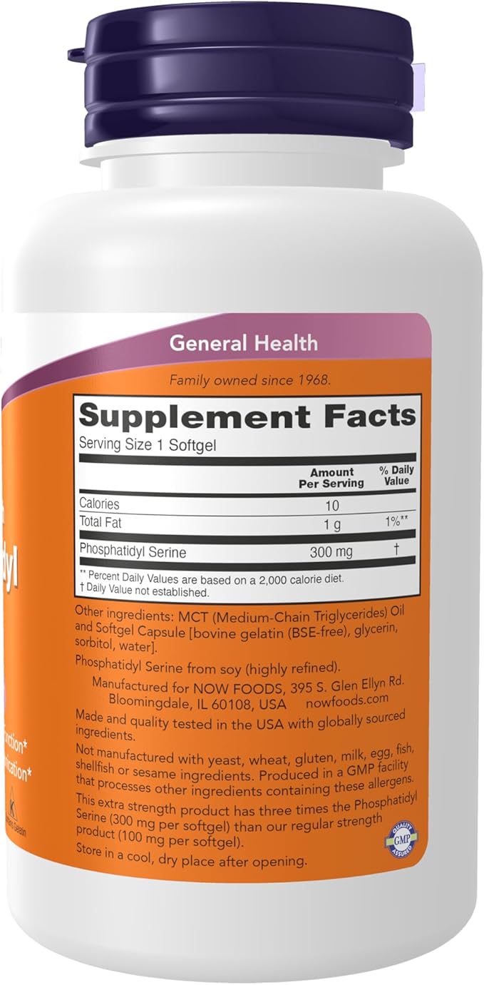 NOW Supplements Phosphatidyl Serine 300 mg Extra Strength with Phospholipid compound derived from Soy Lecithin 50 Softgels