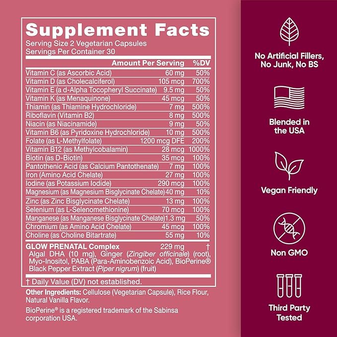 Eu Natural Glow Prenatal Vitamins for Women - 20-in-1 Prenatal Multivitamin with Folate &amp Vegan DHA - Supports Healthy Pregnancy Fetal Development &amp Mom’s Comfort - 60 Vegetarian Capsules