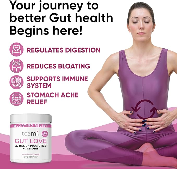 Teami Prebiotic and Probiotic Powder for Women - Promotes Digestion Bloating Relief &amp Belly Balance - Gut Health Powder with 20 Billion Probiotics &amp 7 strains - Triple Berry Gut Love 30 Serv