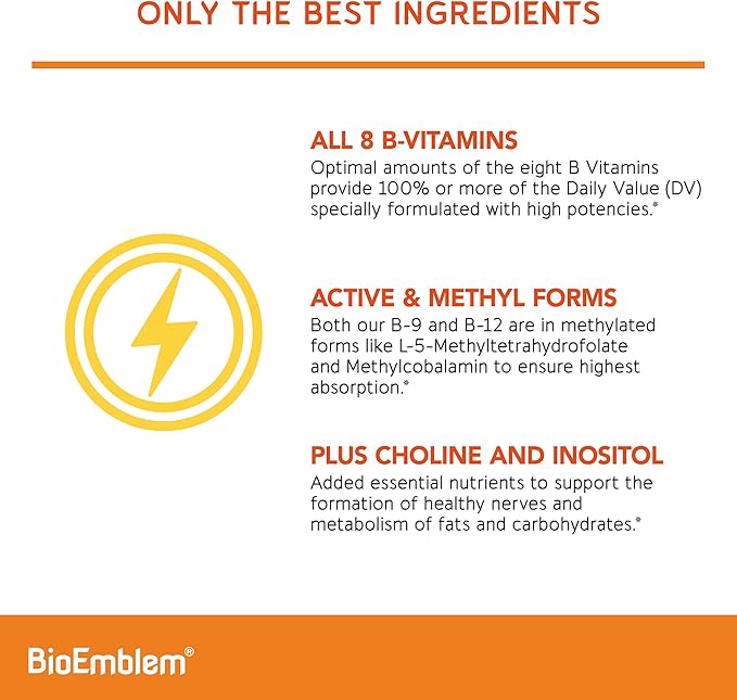 BioEmblem Vitamin B-Complex - All 8 Active Forms with Methyl Folate Methyl B12 B6 Biotin Plus Choline Inositol Supports Energy Metabolism Brain Heart Health - B Vitamin Supplement 90 Capsules