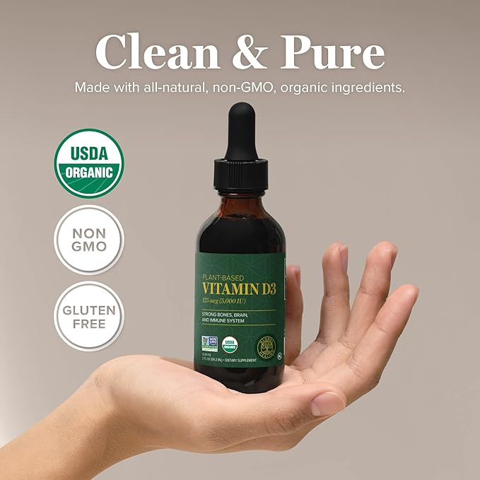 Global Healing Organic Vitamin D3 5000 IU Supplement - Vegan Vitamin D Supplements for Immune Health &amp Strong Bones Support - Pure D3 Vitamin 5000 IU Ingredients Vit D3 - 2 Fl Oz