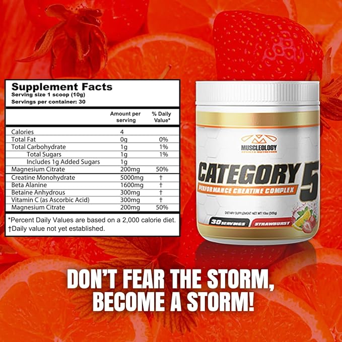Muscleology Category5 Stim-Free Pre-Workout – Creatine Beta-Alanine &amp Magnesium Performance Formula – Electrolytes for Strength Power &amp Endurance – No Caffeine – Strawburst Flavor