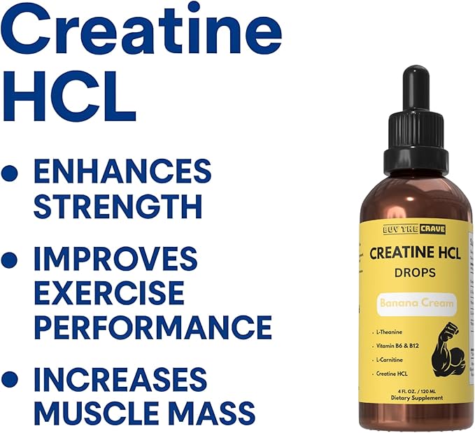 Creatine HCL Liquid Drops for Men &amp Women - 2 ml Per Serving L-Theanine Vitamin B12 &amp B6 L-Carnitine - High Absorption 4 Fl Oz (120ml) (4 FL OZ Banana Cream)