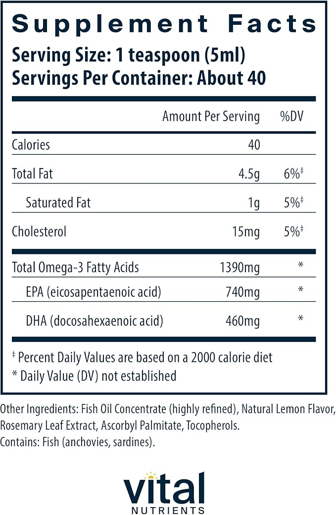 Vital Nutrients - Ultra Pure Fish Oil 1400 (Pharmaceutical Grade) - Deep Sea Liquid Fish Oil Cardiovascular Support Natural Lemon Flavor - 200 ml per Bottle