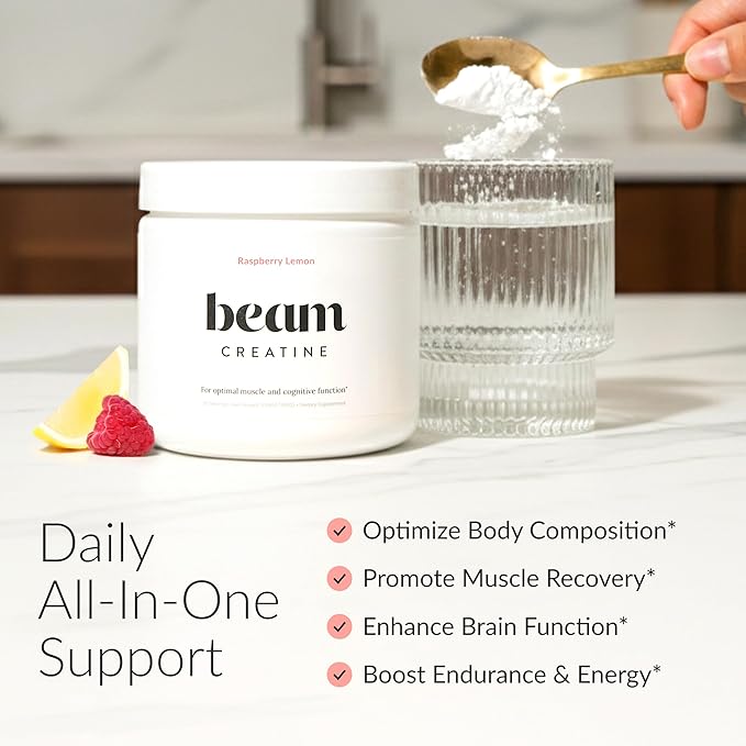 Beam Creatine Monohydrate Powder – 5g Micronized Creatine Monohydrate Flavored Creatine for Women &amp Men Muscle Strength Growth &amp Cognitive Support Raspberry Lemon Flavor 30 Servings