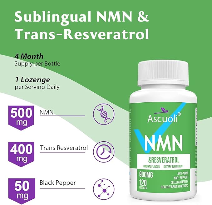 Sublingual NMN 500mg + Trans-Resveratrol 400mg 3-in-1 Advanced Formula 99% Pure NMN Resveratrol Supplement for Boost* NAD Cell Immune Energy &amp Muscle Anti-Aging 120 Lozenges 120-Day Supply
