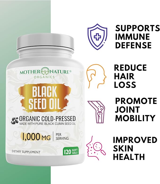 Black Seed Oil Capsules 1000mg Organic Cold Pressed Black Cumin High TQ Immune &amp Joint Support 120 Count (2 Month Supply)