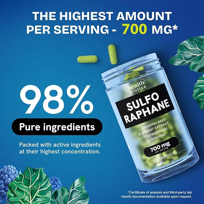 Sulforaphane Supplement Organic Broccoli Sprouts | Stabilized Sulforaphane from Broccoli Florets &amp Seeds | Organic Sulfur Supplements 120 Pills | 1 Pack
