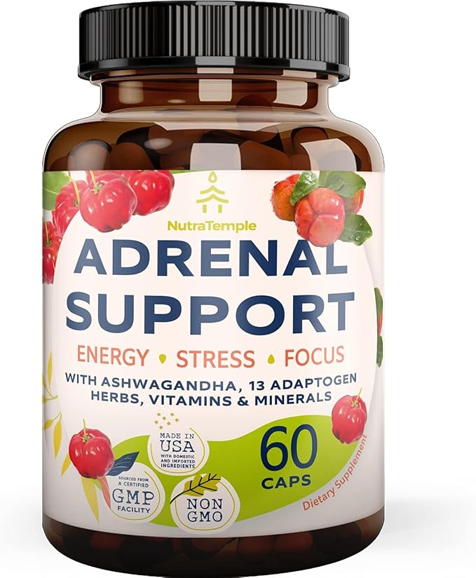 Adrenal Support &amp Cortisol Manager – Extra Strength Adrenal Fatigue Supplements for Energy Brain Fog with Ashwagandha Rhodiola Rosea L Thyrosine Holy Basil – 60 Non GMO Pills
