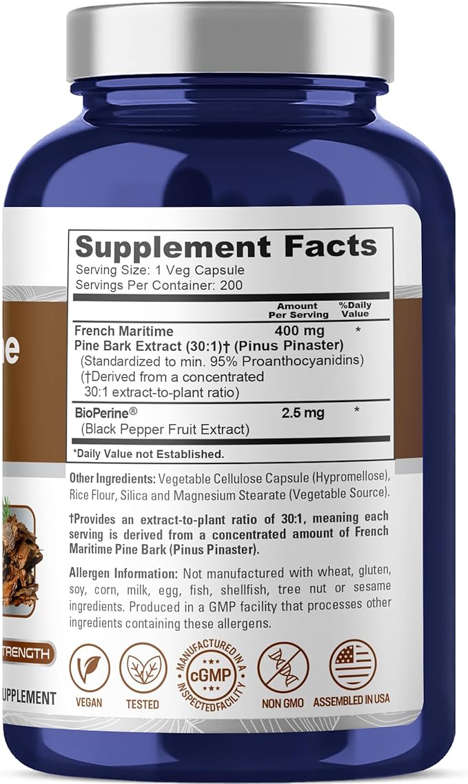 NusaPure French Maritime Pine Bark Capsules 400 mg 200 Veg Capsules (Non-GMO Vegan)