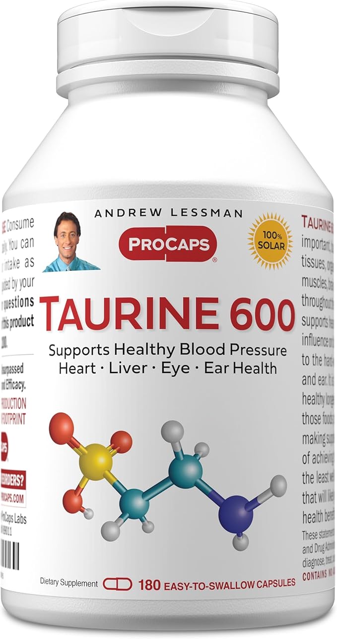 ANDREW LESSMAN Taurine 600-180 Capsules - Supports Healthy Blood Pressure Heart Liver Eye and Ear Health. Pure High Potency Source of The Amino Acid Taurine. No Additives