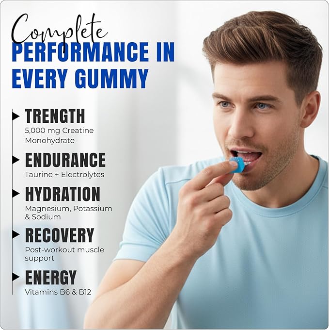 Creatine Gummies with Electrolytes | 5000 mg Creatine Monohydrate | Taurine Magnesium Potassium &amp Sodium | Blue Raspberry Flavor | Vegan Gummies