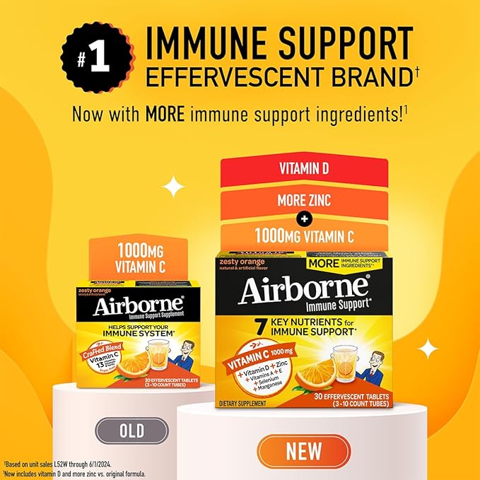Airborne 1000mg Vitamin C + Zinc Sugar Free Multivitamin Immune Support Effervescent Fizzy Drink Tablets Zesty Orange Flavor with Powerful Antioxidants Vitamins A C &amp E 30 Tablets (3 Pack)