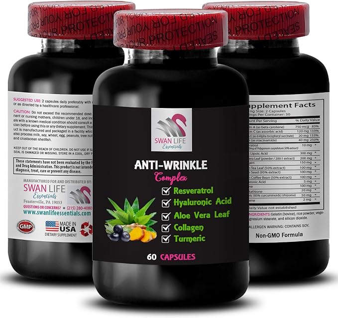 Alpha Lipoic Acid - Anti-Wrinkle Complex - Collagen Boost Green Coffee Bean Aloe Vera L-Glutathione Lycopene Grape Seed Hydration Support Turmeric Skin Smooth Finish 3 Bottles 180 Capsules