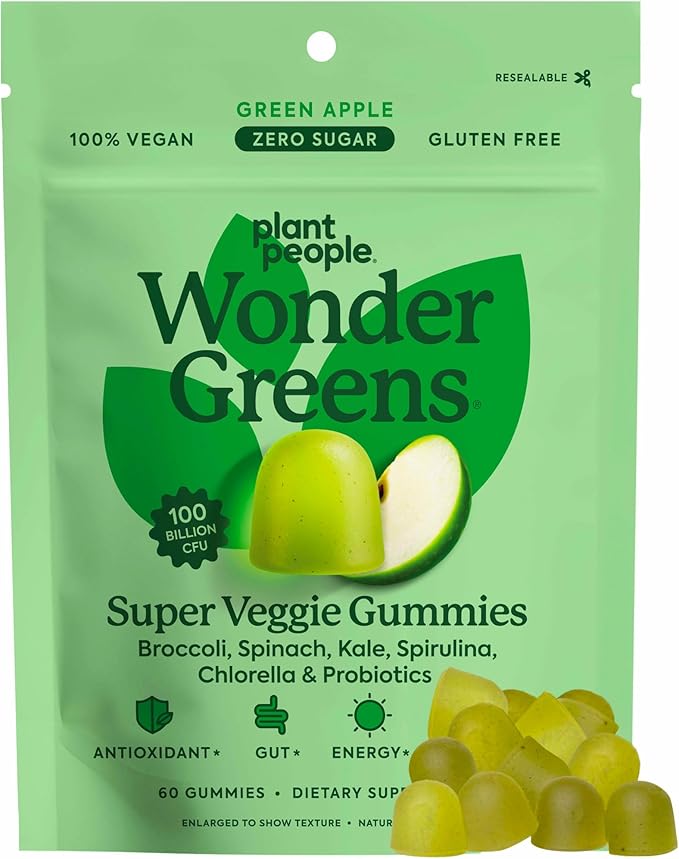 Plant People WonderGreens Veggie Gummies Super Greens with Probiotics Multivitamin Support Gummy for Wellbeing Energy Immune and Gut Health Green Apple Flavor (60 Count)