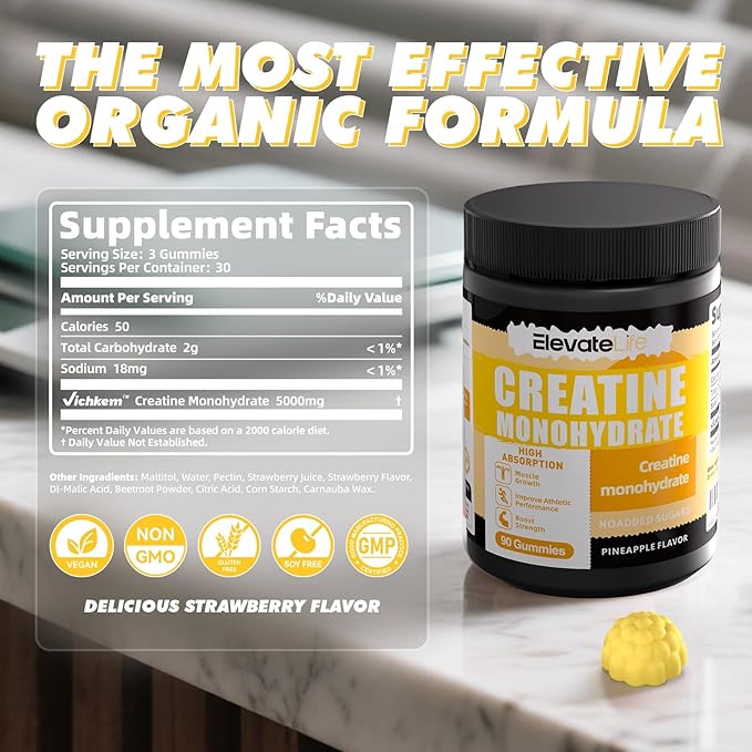 ElevateLife NSF Certified Creatine Monohydrate Gummies 5000mg for Men &amp Women Chewables Creatine Monohydrate for Muscle Strength Muscle Builder Energy Boost Pre-Workout Supplement-90 Pineapple