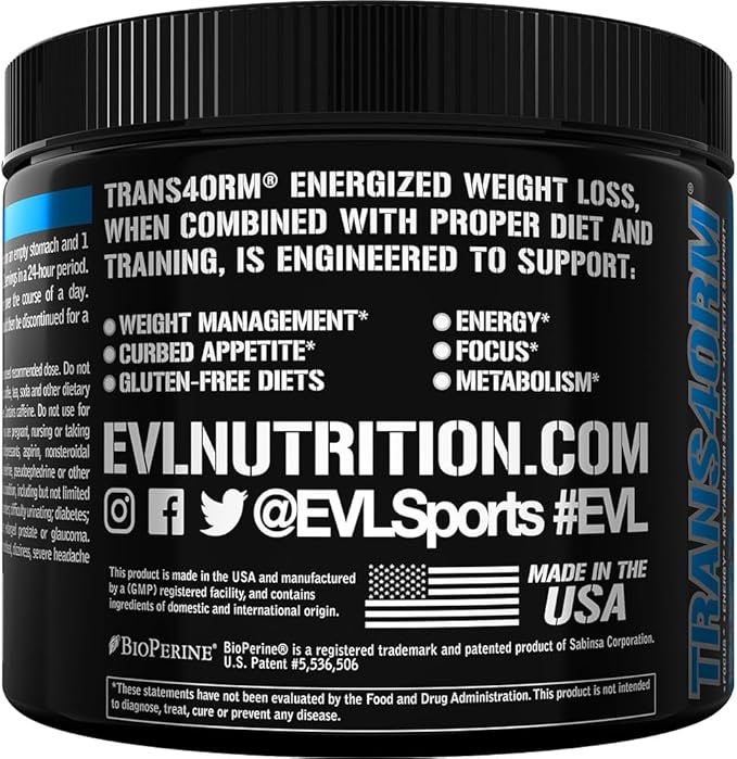 Evlution Thermogenic Fat Burning Support Powder Nutrition Trans4orm Fast Acting Energy Powder to Support Fast Metabolism Weight Loss and Mental Focus with CLA Carnitine and Alpha GPC - Blue Raz