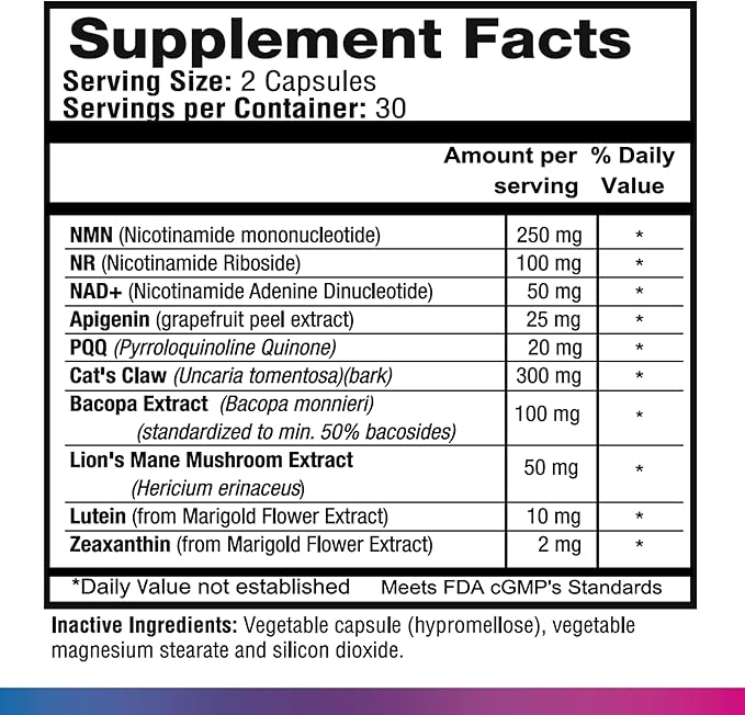 NAD &amp Longevity: Cognition &amp Vision PRO – NMN + NR + PQQ + Lion’s Mane + Lutein + Zeaxanthin – Supports Healthy Cognitive &amp Visual Function – 60 Veggie Capsules