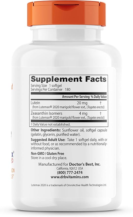 Doctor's Best Lutein Supplement 20mg with Zeaxanthin - Lutein for Eyes Eye Health Vitamins for Men &amp Women Vision and Macular Health Support Lutemax 2020 Marigold Flower Extract - 180 Softgels