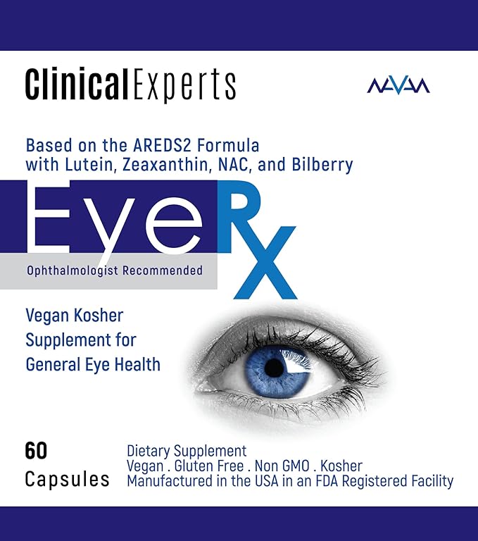 Navan EyeRx Antioxidant AREDS2 Eye Vitamins &amp Minerals Supplement for General Eye Health by Clinical Experts - Lutein Zeaxanthin NAC Bilberry Zinc Vitamin C - Kosher Certified 60 Capsules