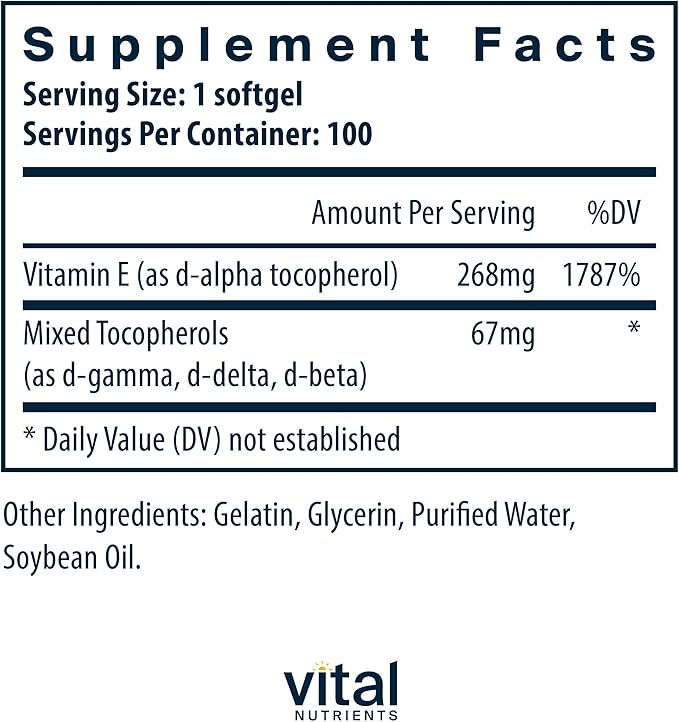 Vital Nutrients Vitamin E with Mixed Tocopherols - Potent Antioxidant Vitamin E Supplements to Support Cardiovascular Health* - Gluten and Dairy Free - Non-GMO - 100 Softgels
