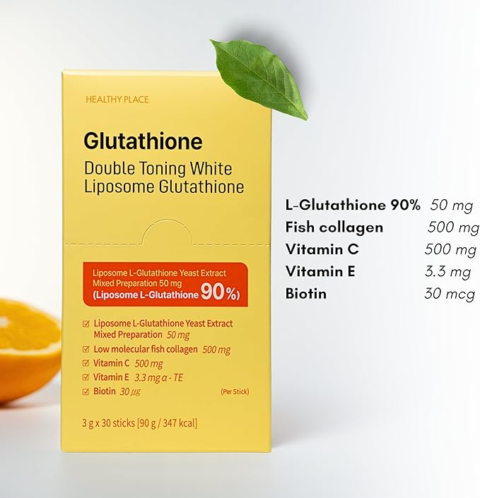 HEALTHY PLACE Double Toning White Liposome Glutathione Korean Beauty Supplement – Liposomal L-Glutathione Vitamin C 500 mg Vitamin E Biotin &amp Fish Collagen 500 mg Lime-Lemon Flavor – 30 Packet