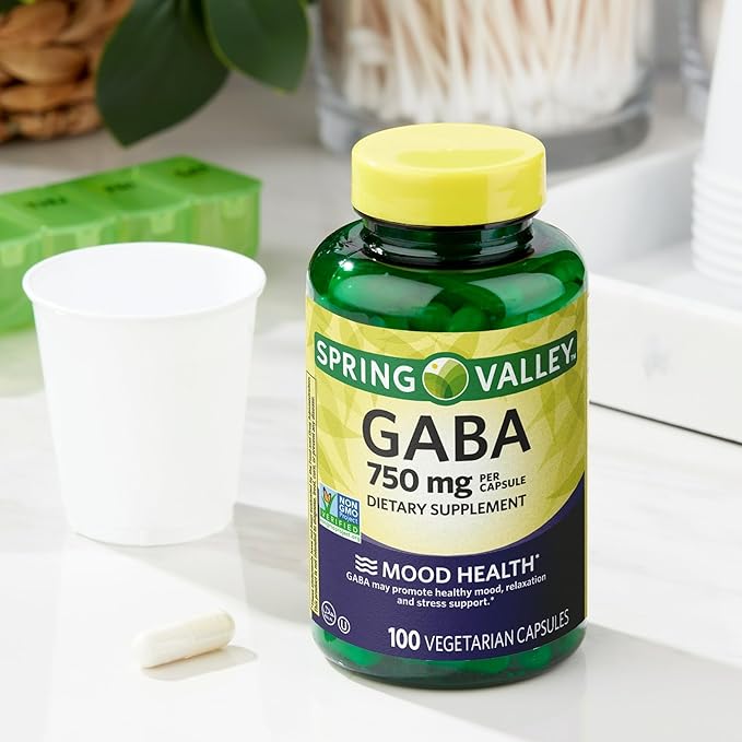 Spring Valley GABA Amino Acid Supplement 750 mg Unflavored 100 Count for Calm Mind Sleep Set by Basket Goods