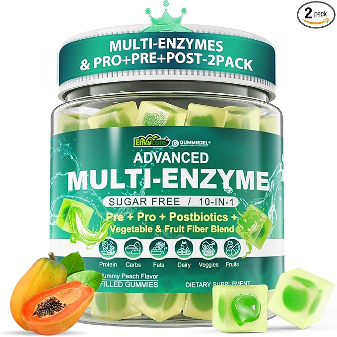 2Pack Digestive Enzymes Gummies for Women &amp Men Multi-Enzymes with 90Billion CFU Probiotics and Prebiotics &amp Postbiotic Vegetable &amp Fruit Fiber Blend Super Enzymes for Digestive &amp G