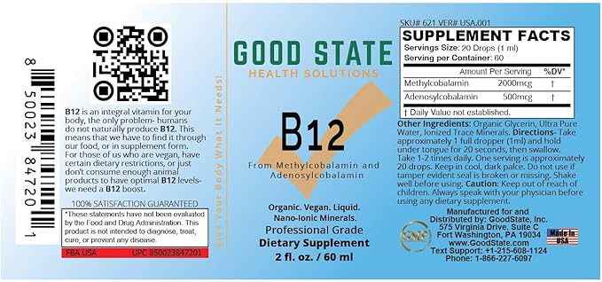Good State Vitamin B12 Liquid Mineral Supplement | Vegan Organic and Professional Grade B12 Vitamins Sublingual Liquid | Nano-Ionic for Optimal Absorption | 2 Fl oz Bottle