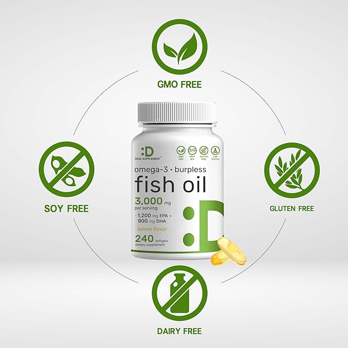 DEAL SUPPLEMENT Omega 3 Fish Oil Supplements 3000mg Per Serving 240 Softgels – EPA 1200mg + DHA 900mg – Burpless Pills Lemon Flavored Wild Caught – Brain &amp Heart Support – Mercury Free Non-