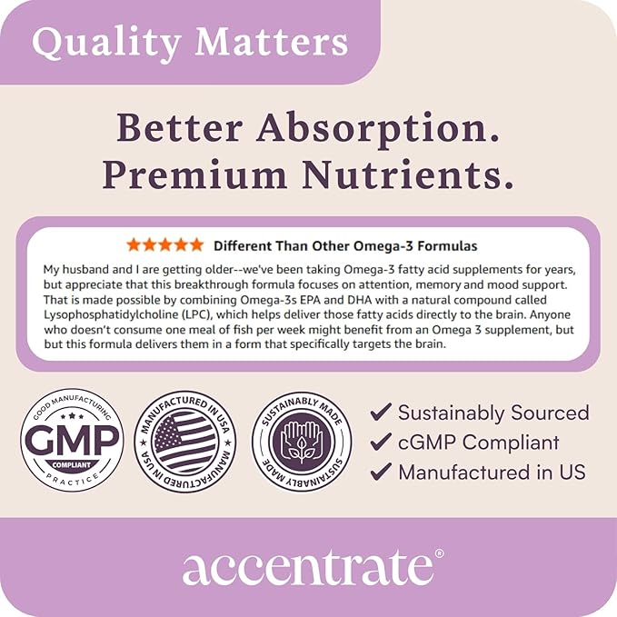 Omega Max w/LYSOVETA LPC | EPA &amp DHA Supplements for Brain &amp Retina Health | Focus Attention Memory Mood &amp Vision | 6X Higher Absorption Than Fish Oil | High Potency Omega-3 LPC-DHA