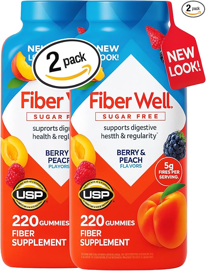 Fiber Well Sugar Free Gummy Vitamin Supplement 220 ct. (2Pack) + Collapsible Water Bottles - Daily Fiber Supplement with Prebiotic Support | Health &amp Regularity - by R&ampC Store