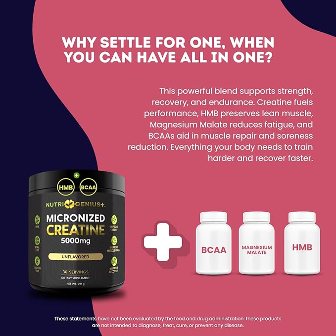 Creatine Powder Micronized with BCAAs + HMB Magnesium Malate for Muscle Growth Strength &amp Recovery | Unflavored | 30 Servings (Unflavored)