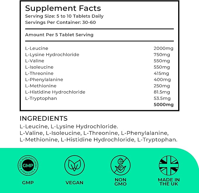 Essential Amino Acids - 300 Easy To Swallow Tablets / 60 Servings - All 9 EAA Amino Acids with All 3 BCAA's Plus 6 More EAAs to Build and Repair Muscle 5-10g per Serving High in Leucine and Vegan