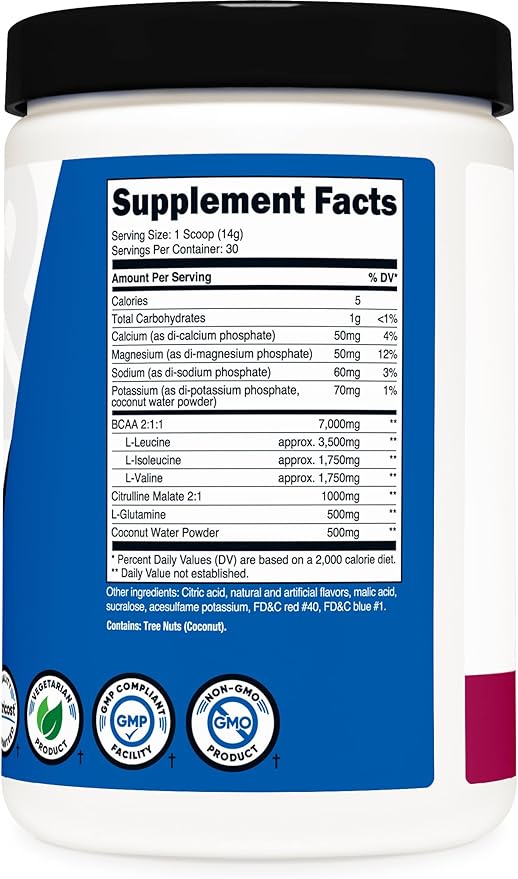 Nutricost BCAA Active with Glutamie Citrullie and Coconut Hydration Powder (BlackBerry Plum) 30 Servings - Branched Chain Amino Acids with Hydration Complex - Gluten-Free Non-GMO