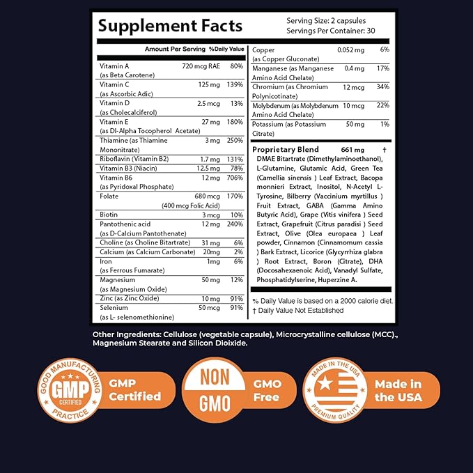 Memory Lift Capsules – Natural Daily Supplement with Vitamins A C D E B-Complex Biotin &amp Choline – Made in USA GMP-Certified Non-GMO Vegetarian – 60 Capsules 3 Month Supply