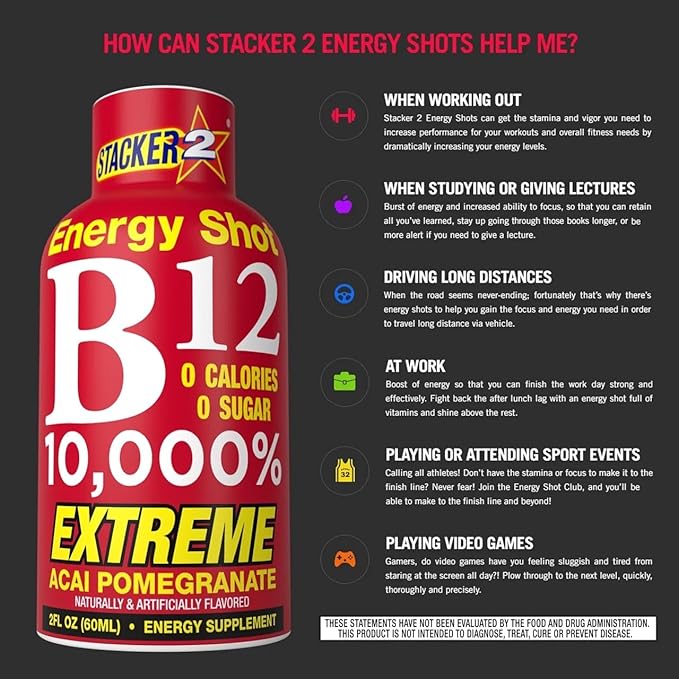 Stacker 2 Vitamin B Complex B12 B6 B3 Liquid Energy Shots - Vegansafe &amp Vegan Cyanocobalamin 10000% DRV - B-6 Pyridoxine 40mg - B3 Niacinamide (Niacin) 20mg - BASED BOX Bundle Pack (2oz Pack of