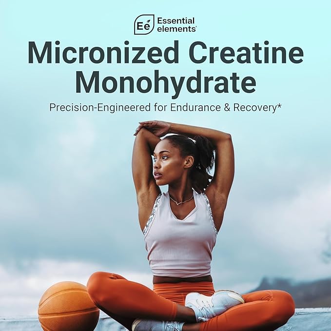 Essential Elements Micronized Creatine Monohydrate Powder for Men &amp Women - Unflavored &amp Easily Dissolved - 60 Servings