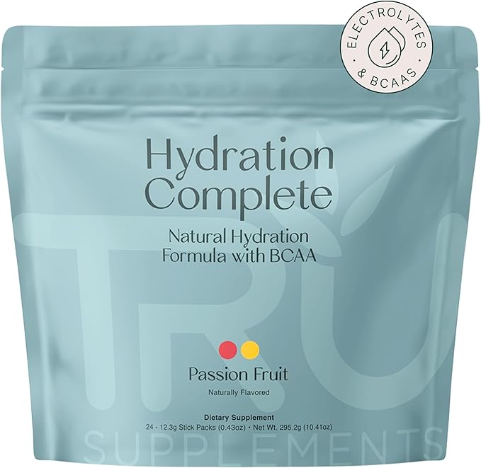TRU Supplements Hydration Complete BCAA Plant Based Amino Acids + Pink Himalayan Salt Electrolytes &amp L-Carnitine Vegan Zero Calories No Artificial sweeteners 24 Servings Passion Fruit