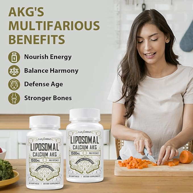 Liposomal Calcium AKG Supplement 1500 MG (Alpha-Ketoglutaric Acid) More Effective Than AAKG Ca AKG for Longevity Age Defense Cellular Energy Metabolic Function 120 Softgels