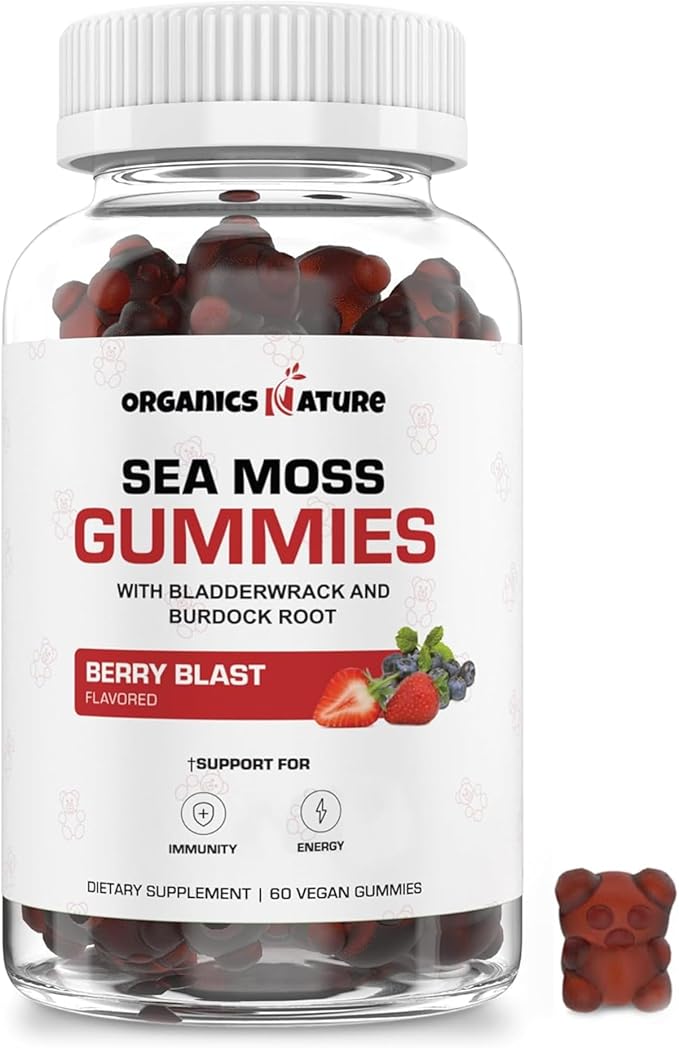 ORGANICS NATURE Irish Sea Moss Gummies for Lung Detox Thyroid Strength Immune &amp Energy Support Vegan Seamoss Gummies for Kids &amp Adults - 60 Vegan Gummy Bears Berry Flavored