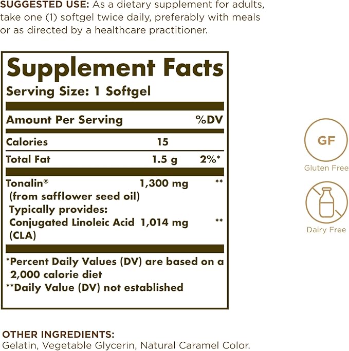 Solgar Tonalin CLA 1300 mg - 60 Softgels - Conjugated Linoleic Acid - Non-GMO Gluten Free Dairy Free - 60 Servings (Pack of 2)